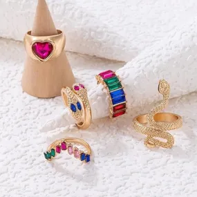 Multicolor Stone Heart Snake Ring Set For Women (5 pcs)